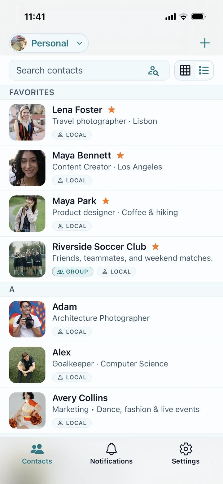Contact Manager's photo-first list of people and their context