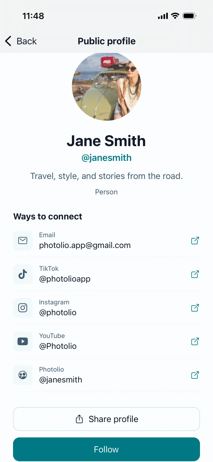 Jane Smith’s public Photolio profile with contact methods, sharing, and a Follow button