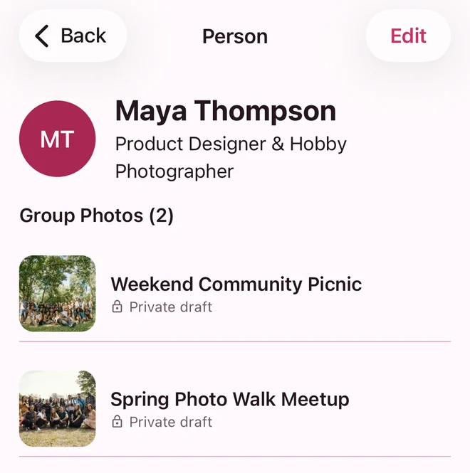 Maya's Person page with two Group Photos she appears in